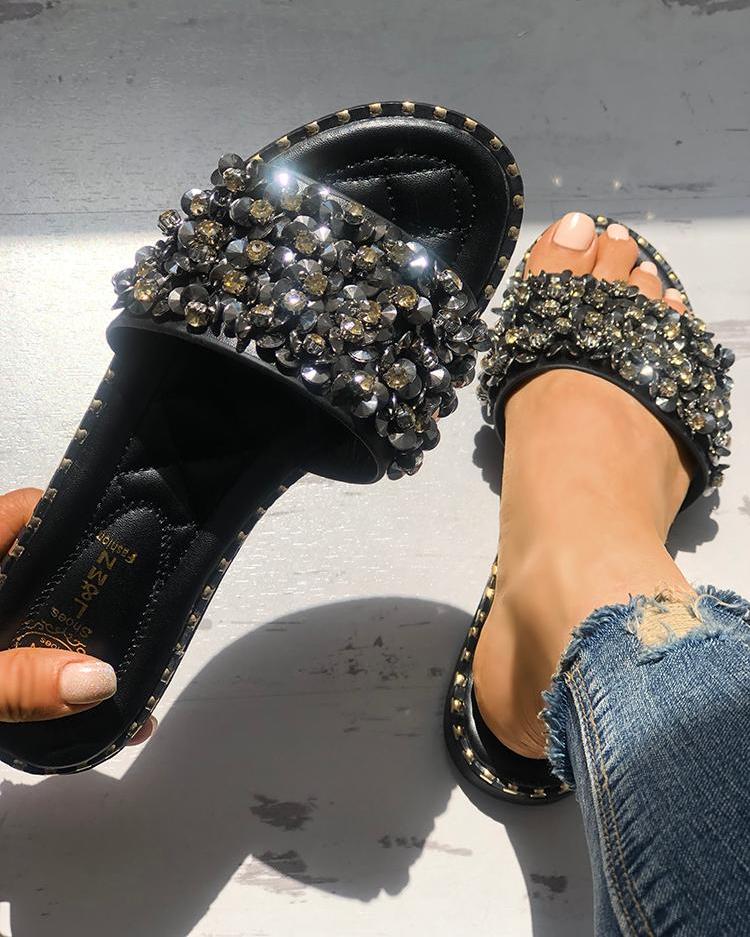 

Rhinestone Decor Quilted Open Toe Slippers, Black
