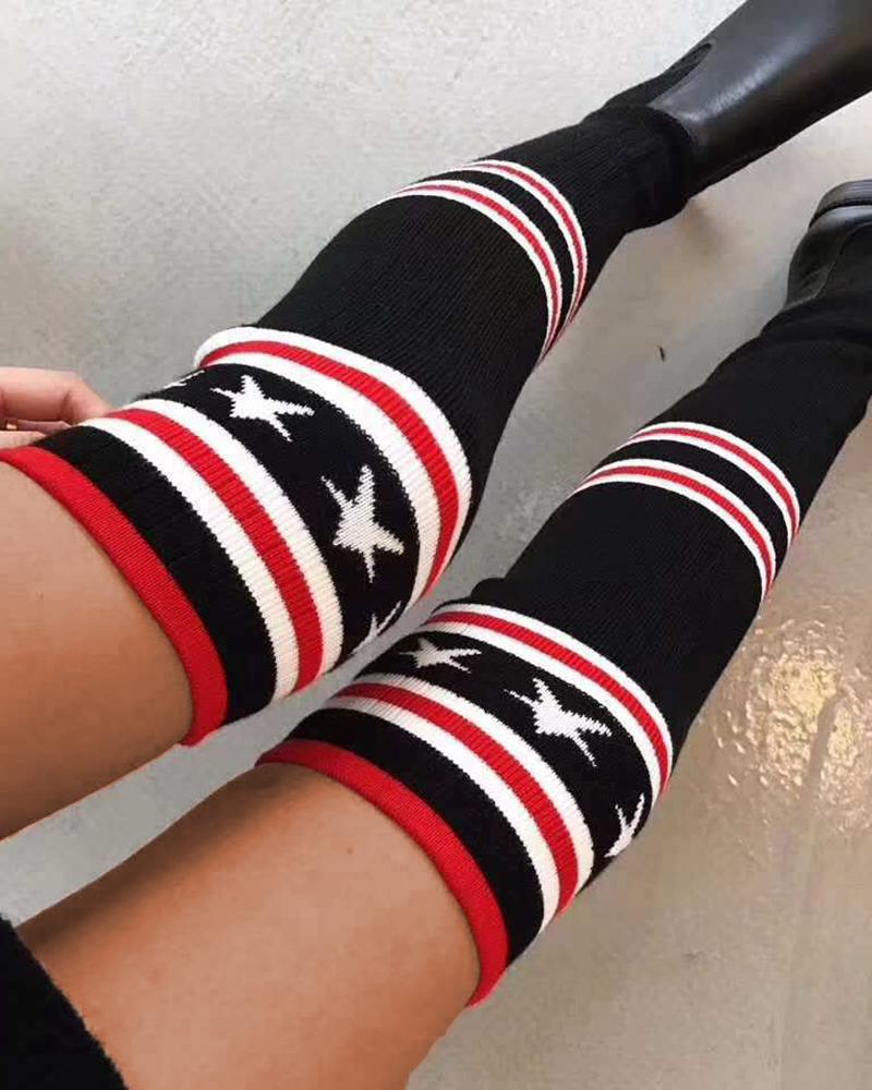 

1Pair Striped Star Pattern Thigh-High Knit Socks, Black