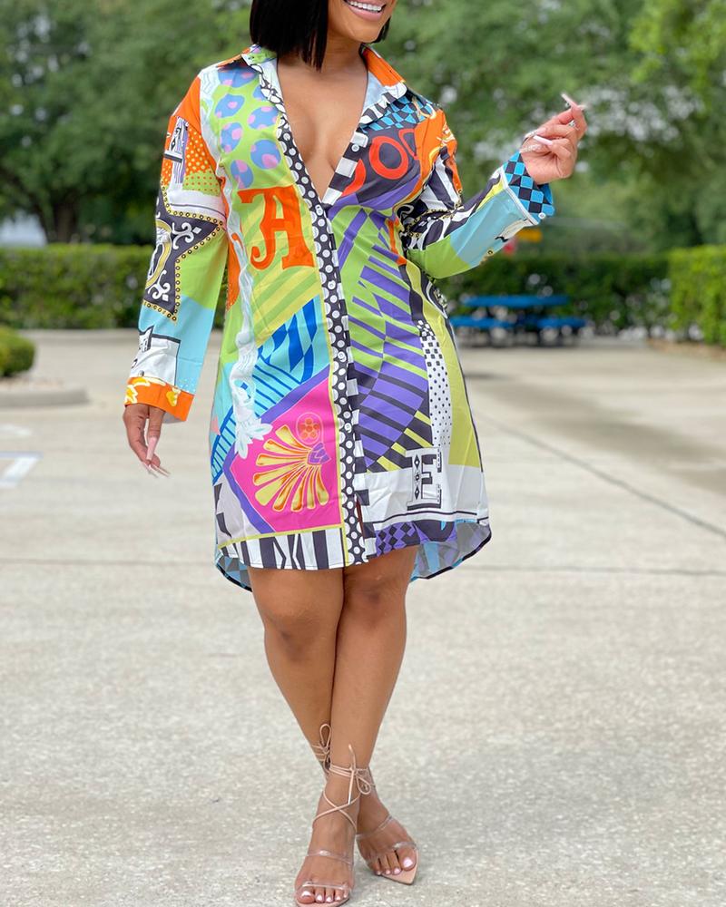 

Graphic Print Button Design Shirt Dress, Orange