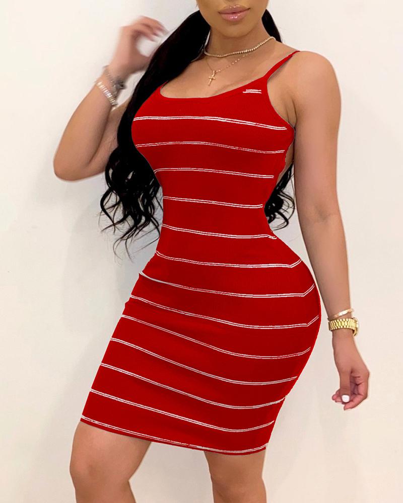 

Spaghetti Strap Striped Open Back Dress, Red