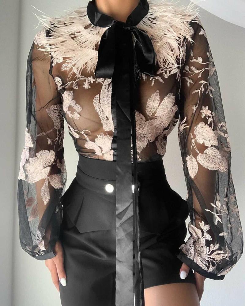

Embroidery Floral Tie Neck Contrast Feather Sheer Mesh Top, Black