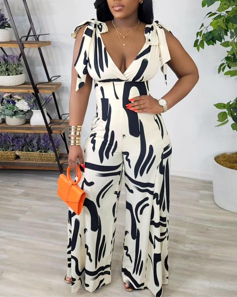 

Abstract Print Tied Detail Wide Leg Jumpsuit, Beige