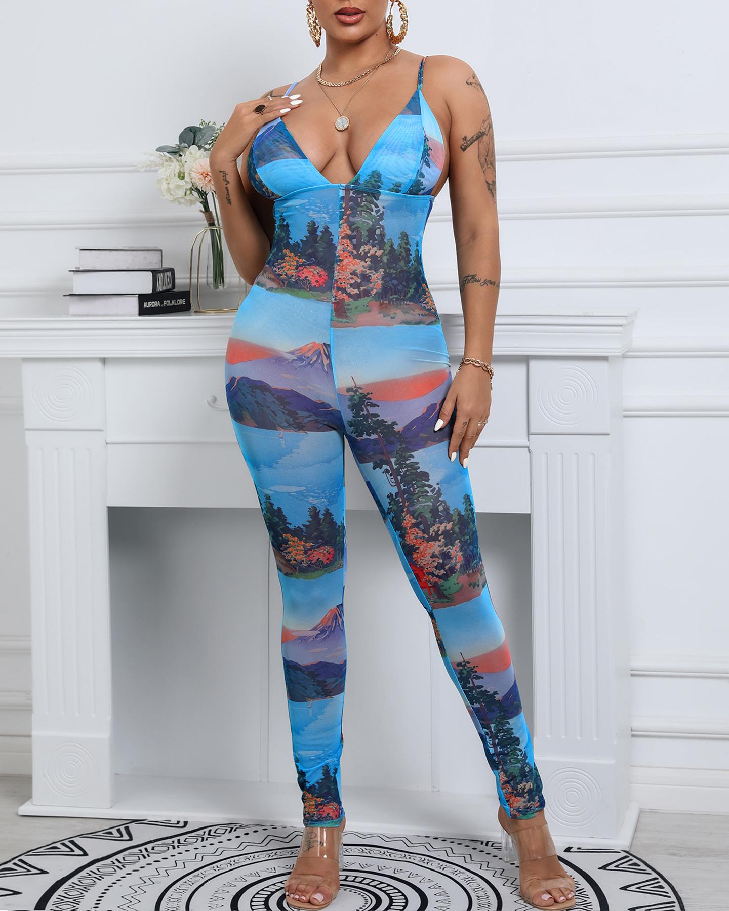 

Graphic Print Backless Skinny Jumpsuit, Multicolor