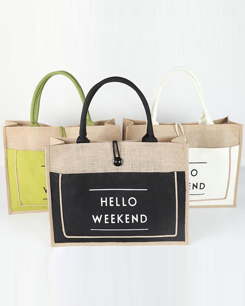 

Hello Weekend Letter Print Top Handle Shopping Gift Tote Bag, Black