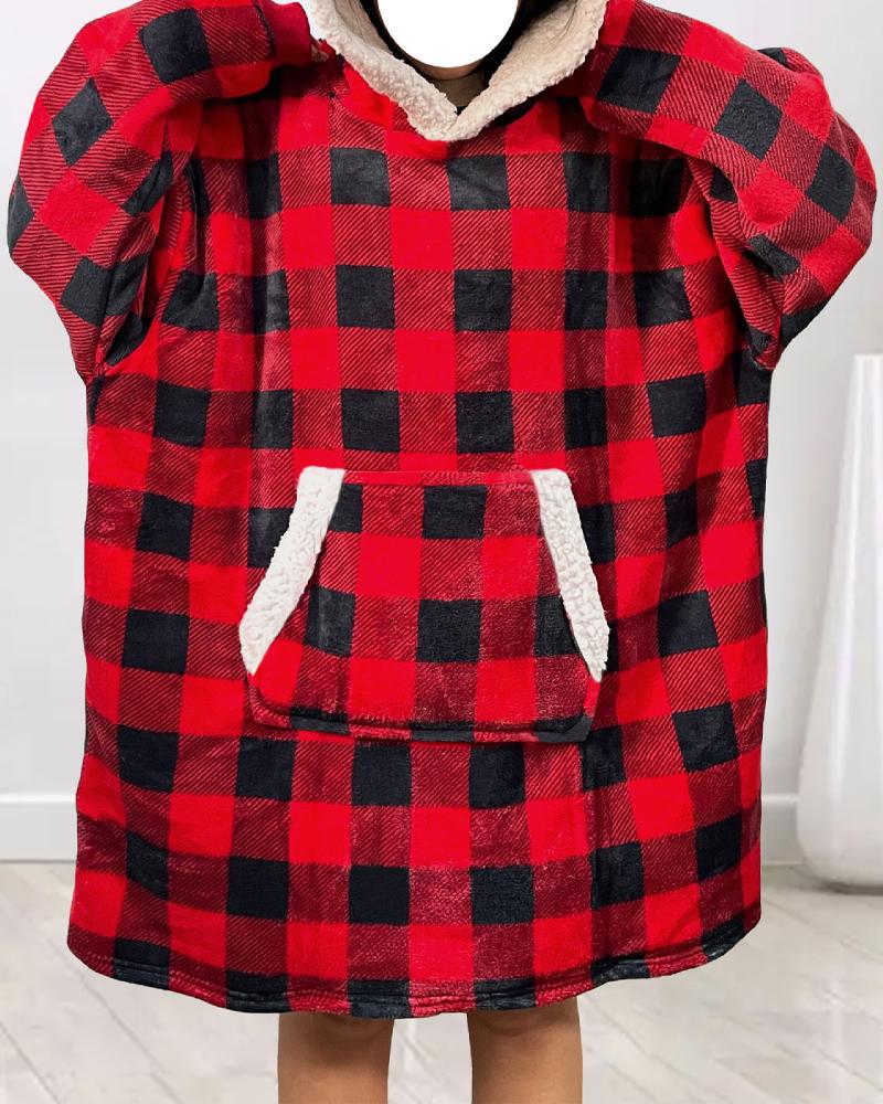

Plaid Print Fleece Lined Fluffy Oversized Wearable Blanket Hoodie, Red