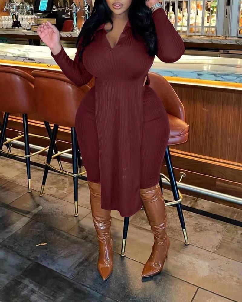 

Plus Size Split Hem Longline Top & Pants Set, Wine red