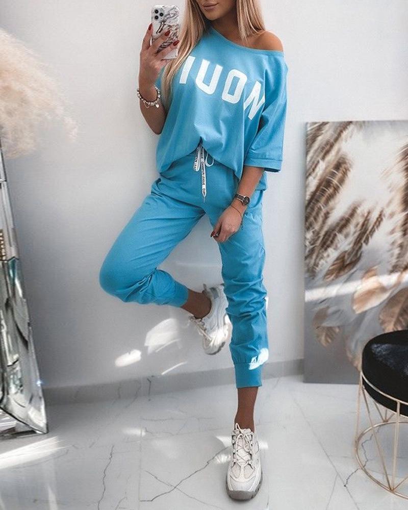 

Letter Print Long Sleeve Top & Drawstring Pants Set, Blue