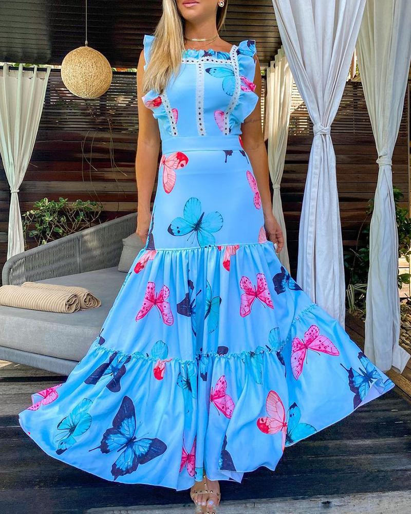 

Butterfly Print Lace Patch Ruffles Maxi Dress, Blue