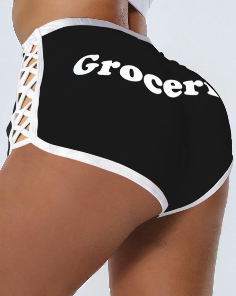 

Contrast Binding High Waist Letter Print Bandage Shorts, Black