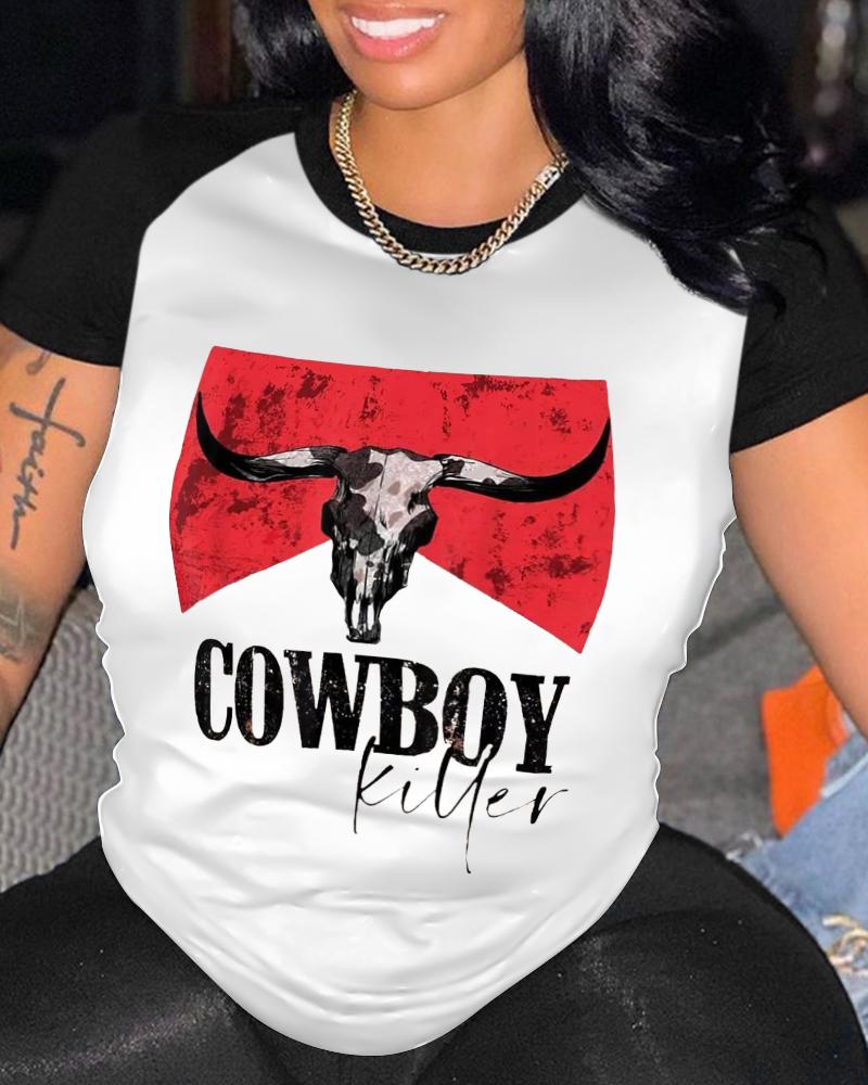 

Letter Cow Print Casual T-shirt, Blackwhite