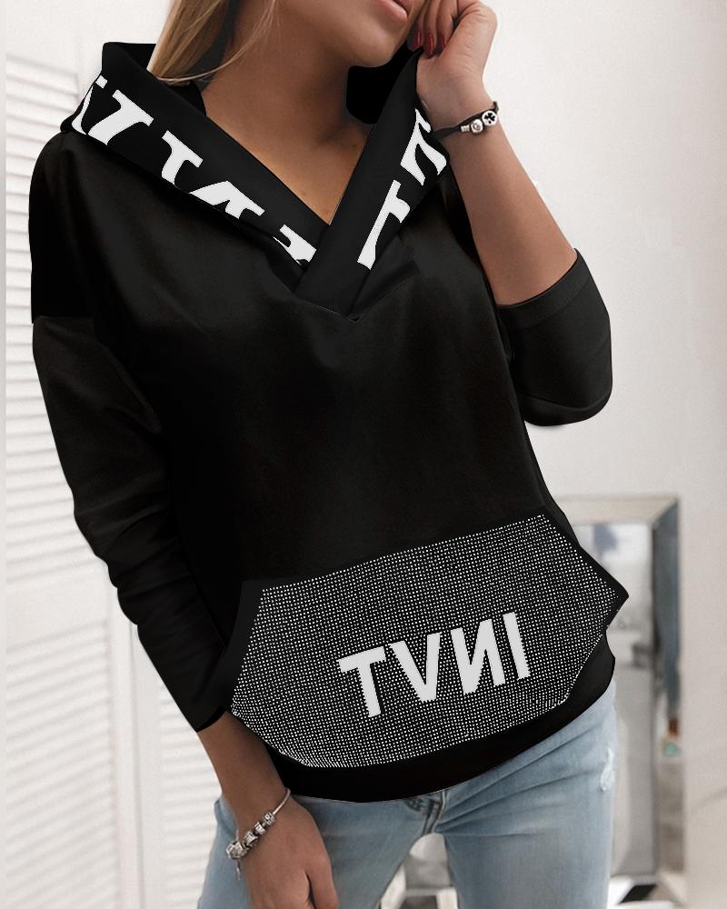 

Letter Print Pocket Design Hooded Top, Black