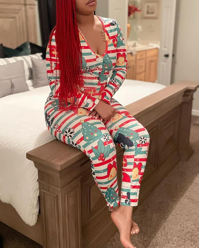 

Christmas Print Button Design Lounge Jumpsuit, Multicolor