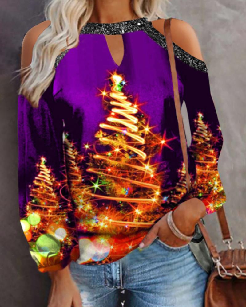 

Christmas Cold Shoulder Cutout Tree Lights Print Top, Purple