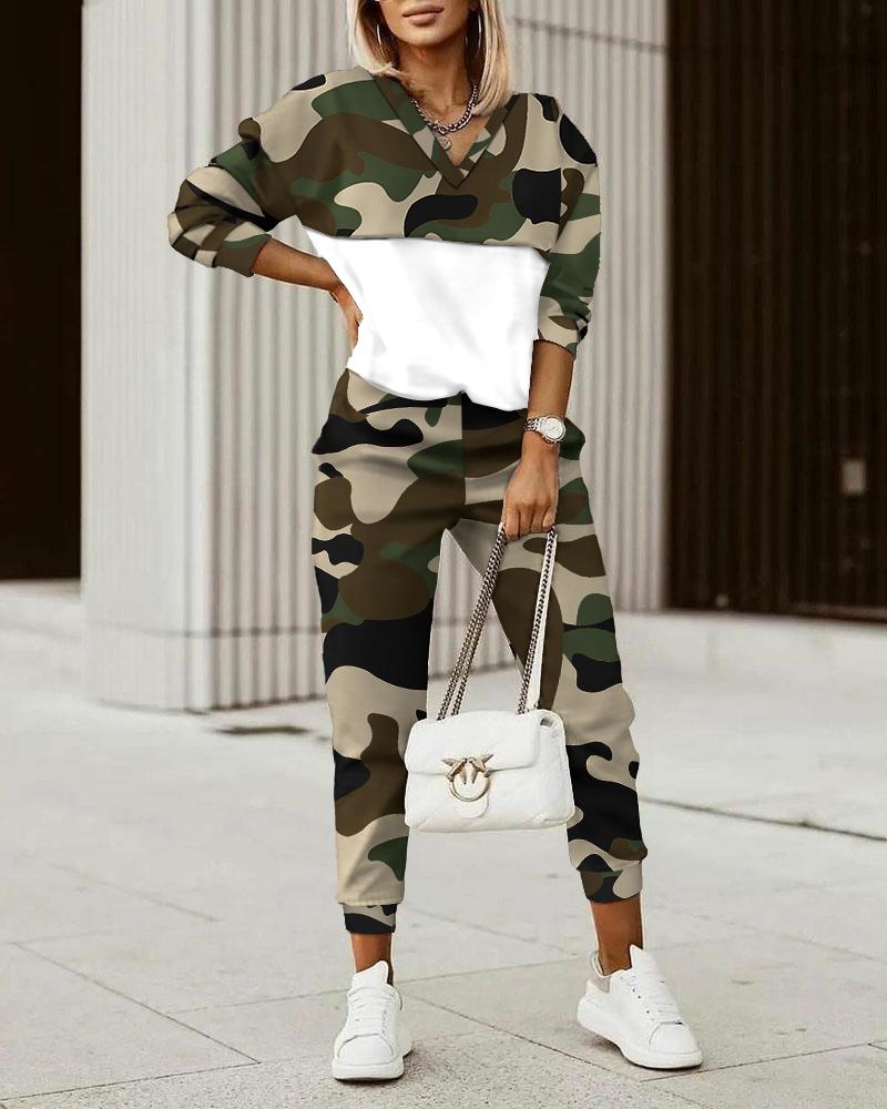 

Camouflage Print Long Sleeve Top & Pants Set, Camoflage