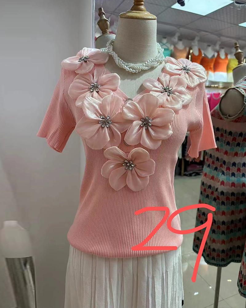 

Floral Pattern Rhinestone Decor Knit Top, Pink