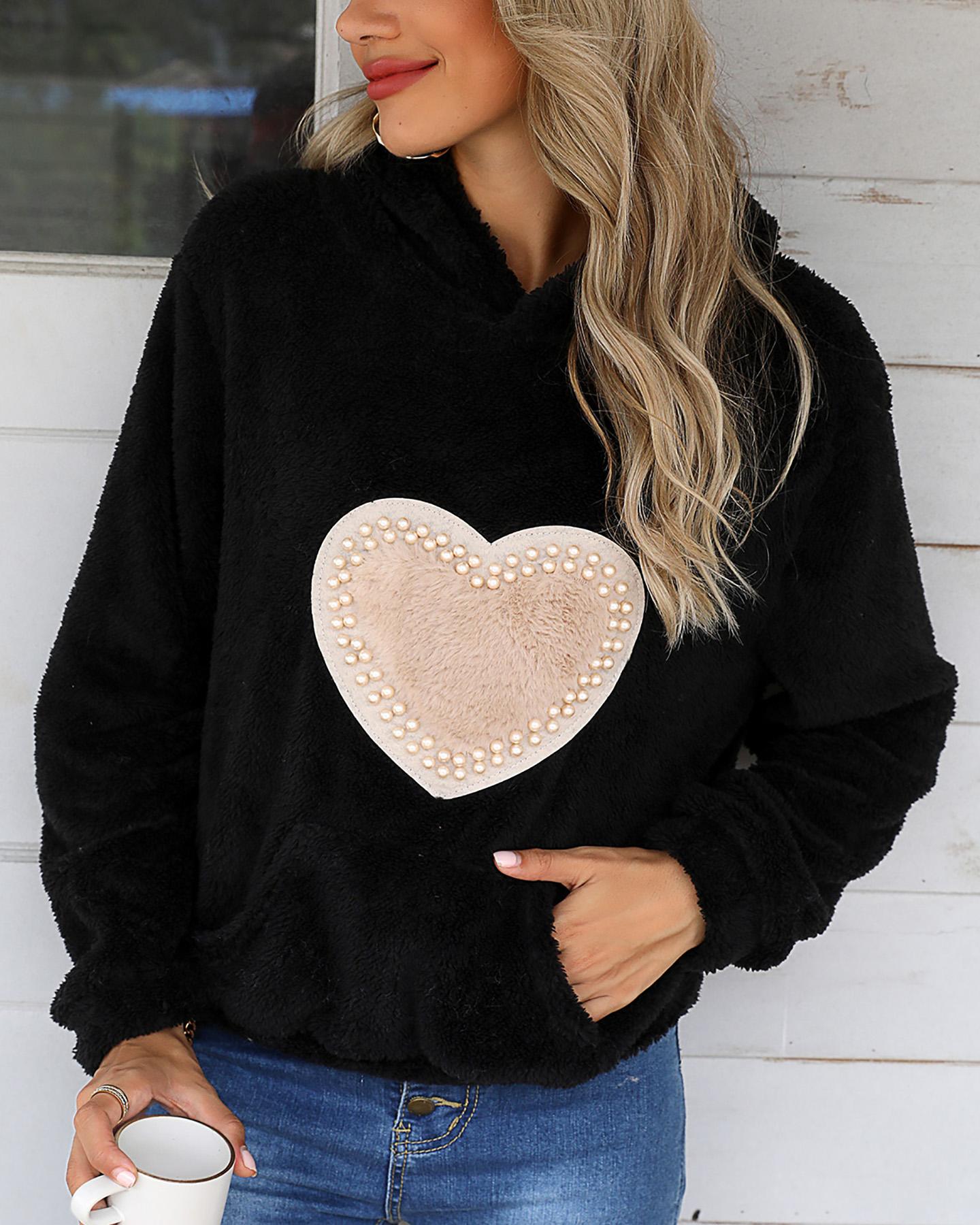 

Heart Pattern Beaded Teddy Hooded Top, Black