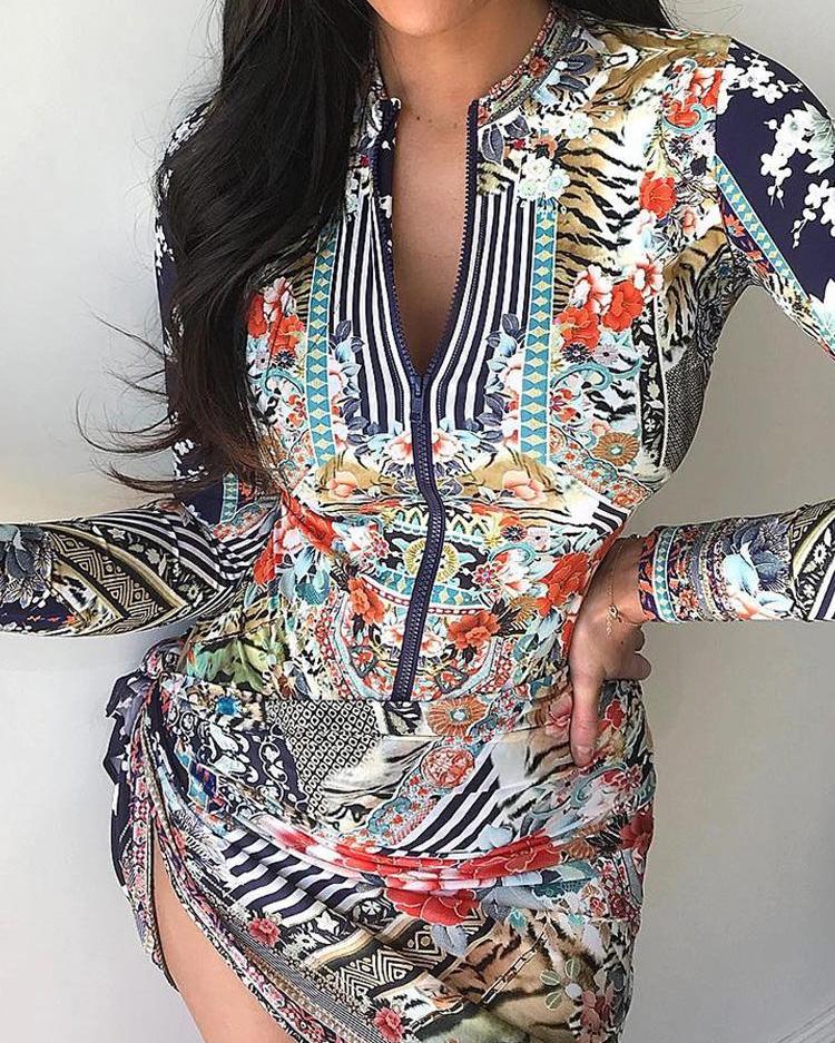 

Mixed Print Knot Side Zipper Up Dress, Purplish blue