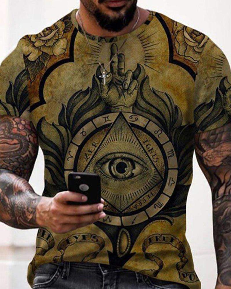 

Retro Patterns Print Short Sleeve T-shirts, Yellow