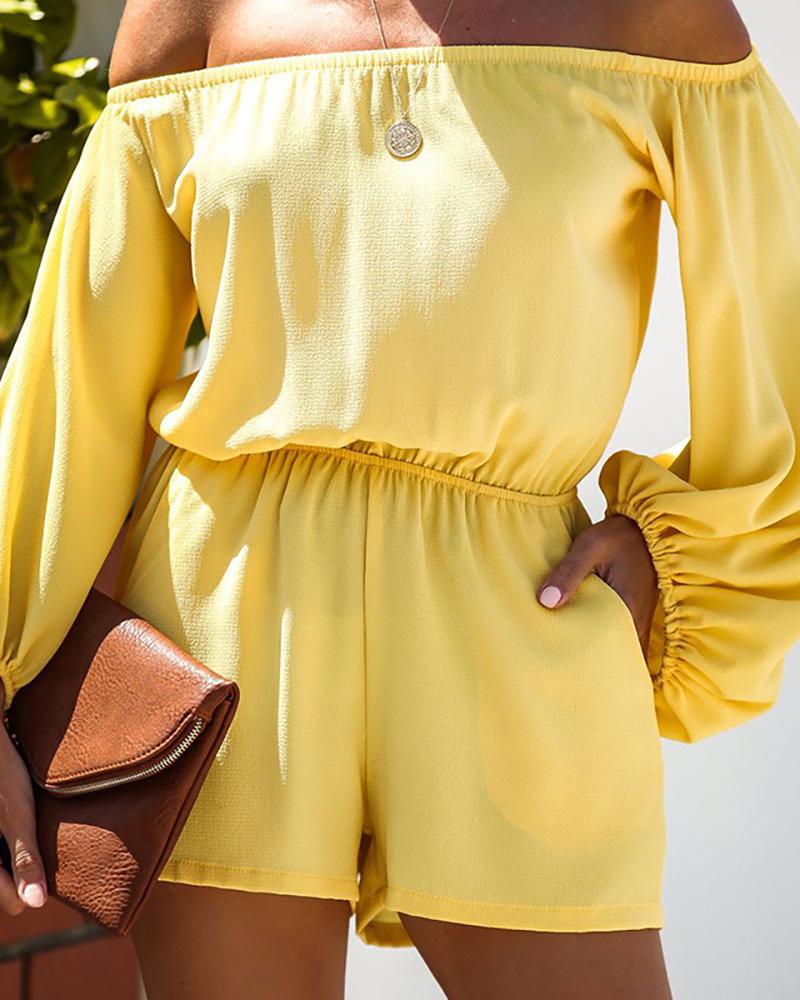 

Off Shoulder Ruched Lantern Sleeve Top & Shorts Set, Yellow