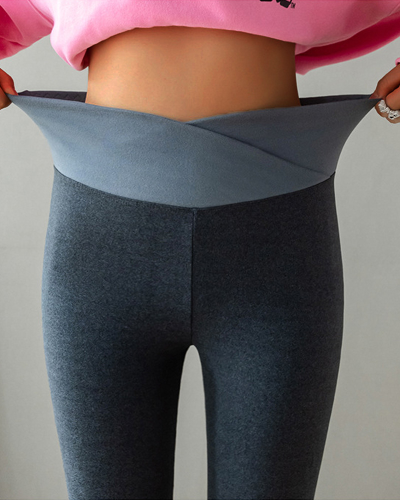 

Contrast Paneled High Waist Thermal Warm Fleece Lined Yoga Pants, Gray