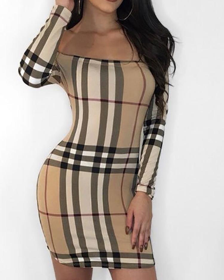 

Plaid Print Off Shoulder Long Sleeve Bodycon Dress, Khaki