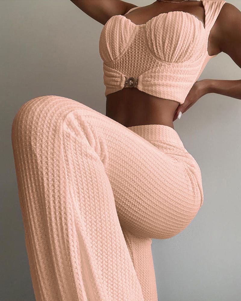 

Ruched Crop Top & High Waist Pants Set, Pink