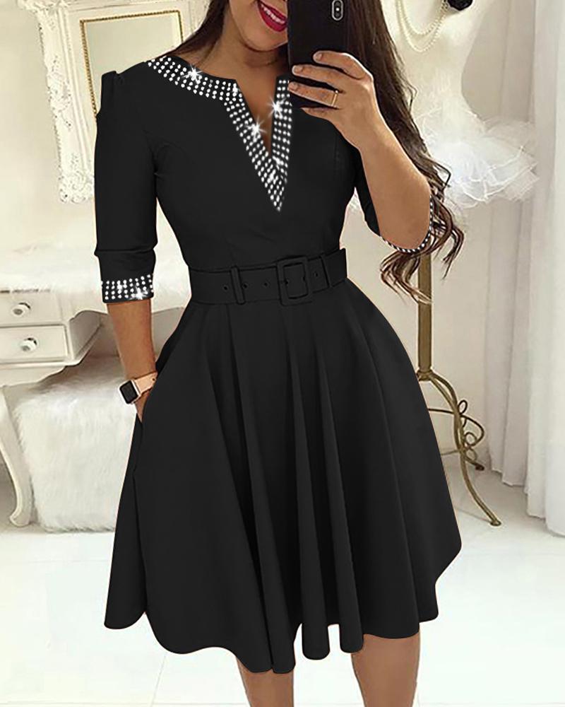

Rhinestone Decor Notch Neck Casual Dress With Belt, Black