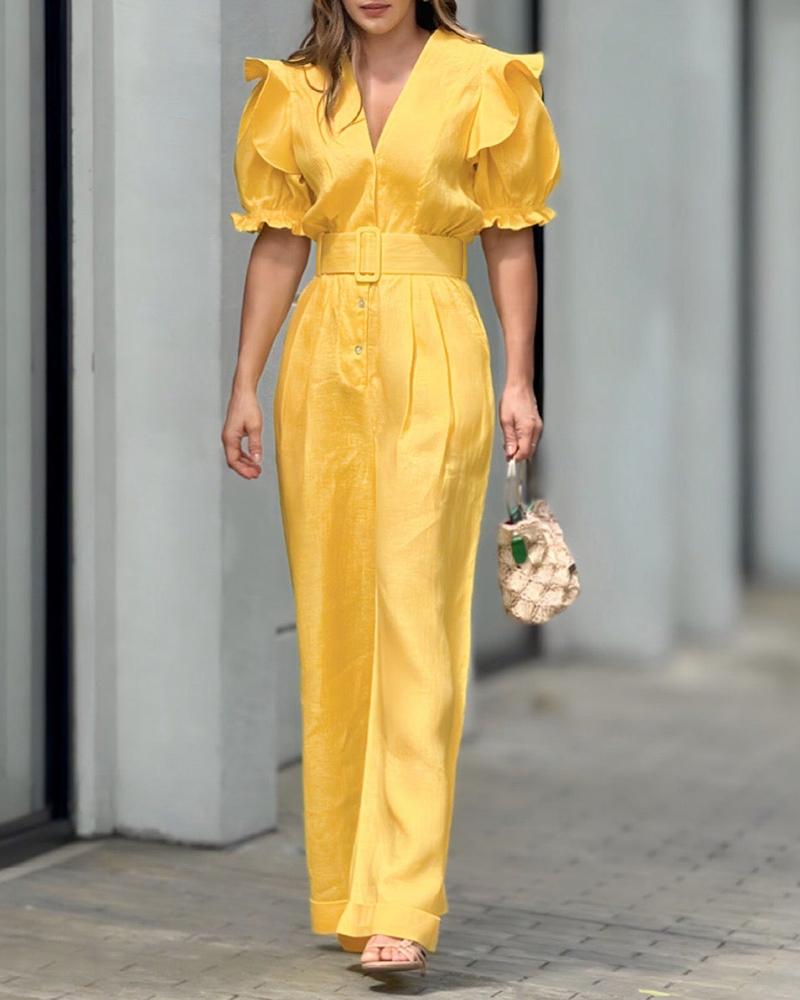 

Puff Sleeve Frill Hem Ruffles Jumpsuit, Yellow