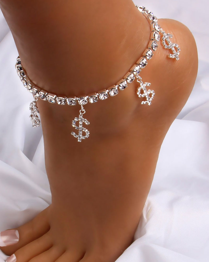 

Rhinestone Decor Dollar Pendant Anklet, Silver