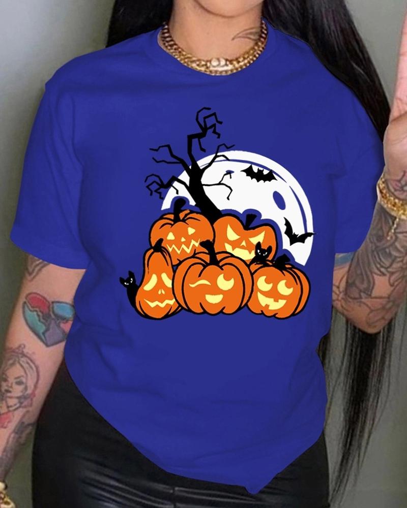 

Halloween Pumpkin Graphic Print Casual T-shirt, Blue