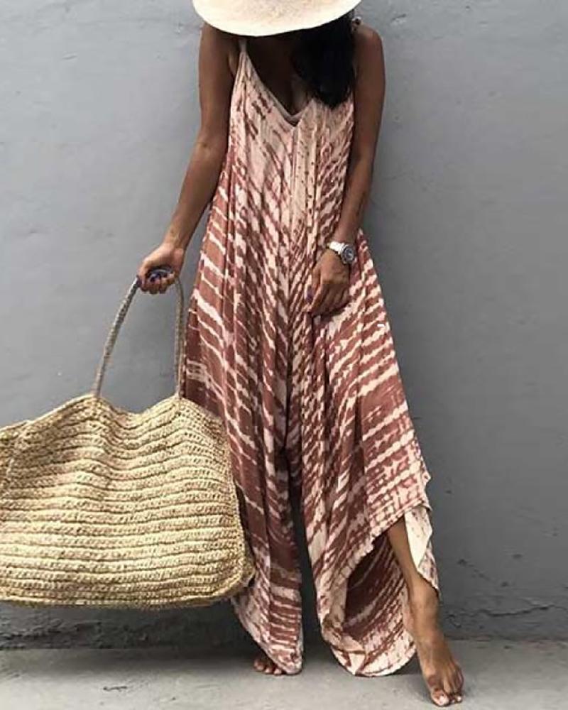 

Tie Dye Print V-Neck Spaghetti Strap Wide Leg Jumpsuit, Khaki