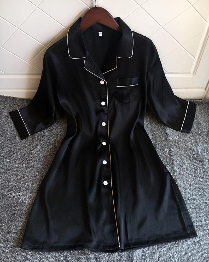 

Pocket Design Button Down Satin Nightgown, Black