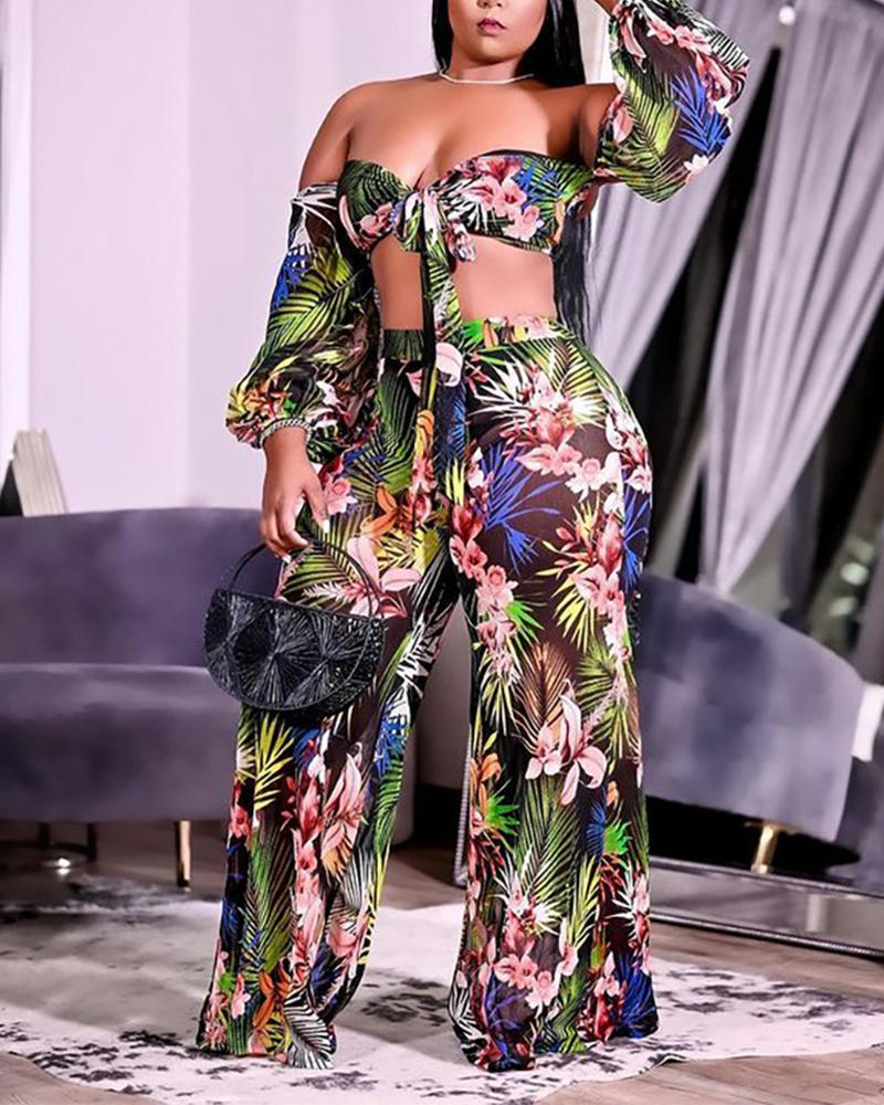 

All Over Floral Print Sheer Mesh Knot Front Crop Top & Wide Leg Pants Set, Green