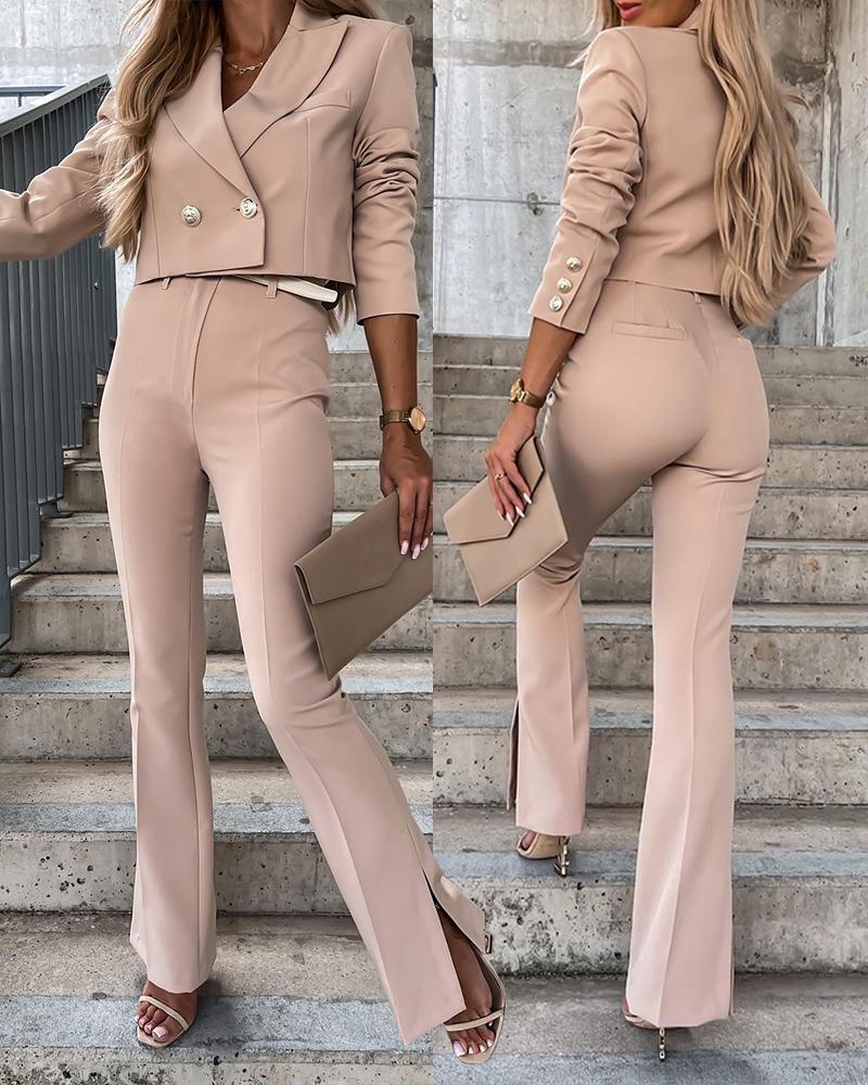 

Long Sleeve Double Breasted Blazer & Split Hem Pants Set, Apricot