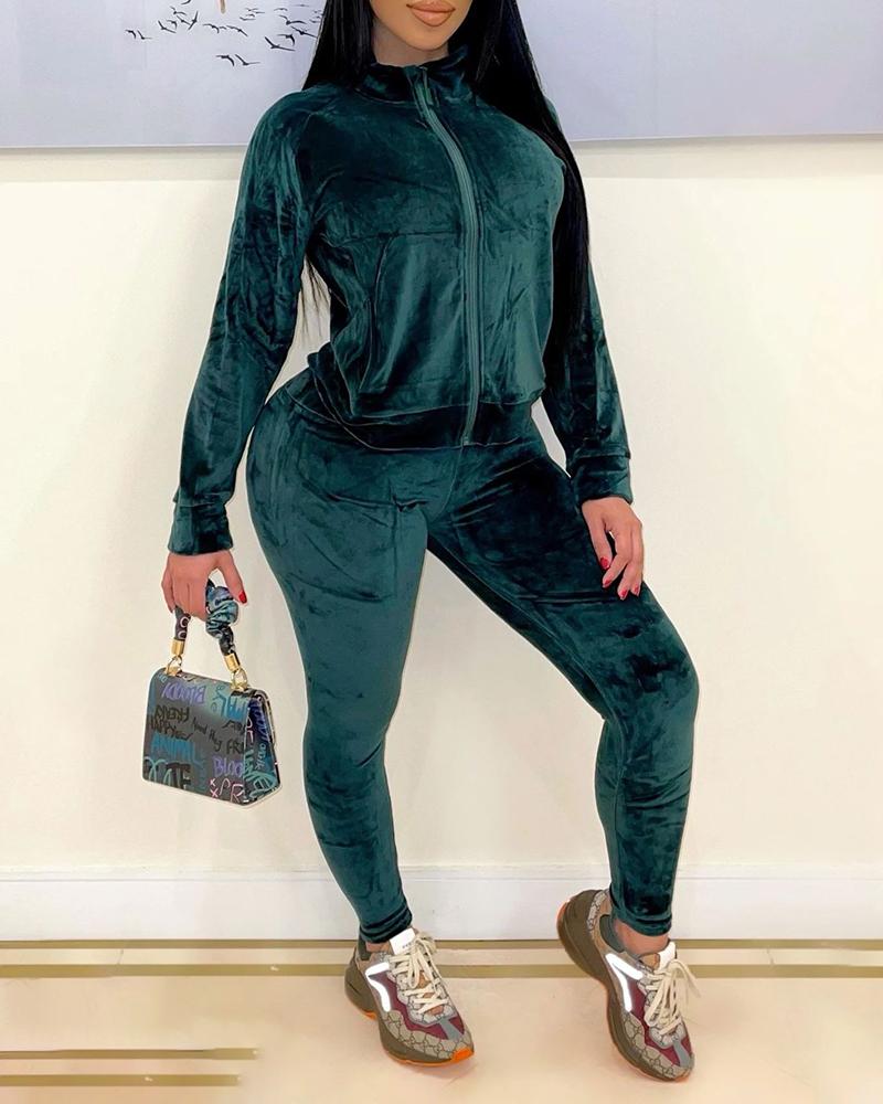 

Velvet Zipper Pocket Design Top & High Waist Pants Set, Green