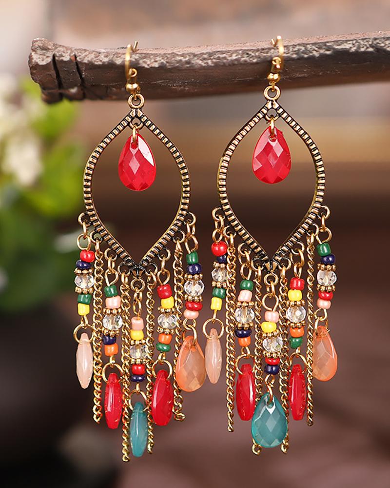 

1Pair Retro Gem Stone Beaded Bohemian Tear Drop Earring, Red