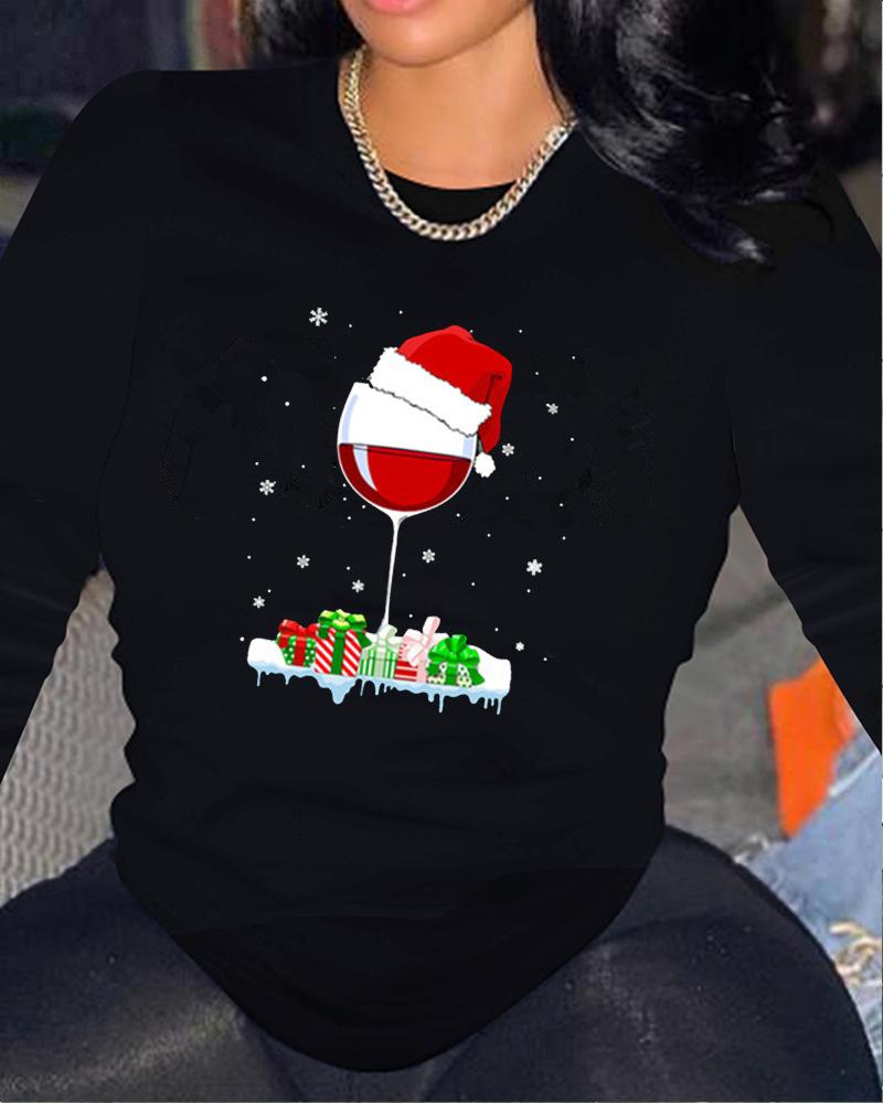 

Plus Size Christmas Wine Glass Print Long Sleeve Top, Black