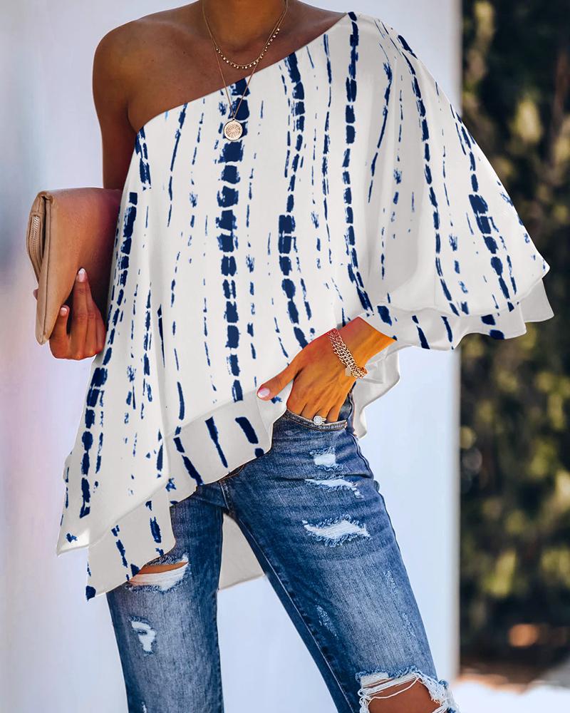 

One Shoulder Tie Dye Print Ruffles Casual Top, White
