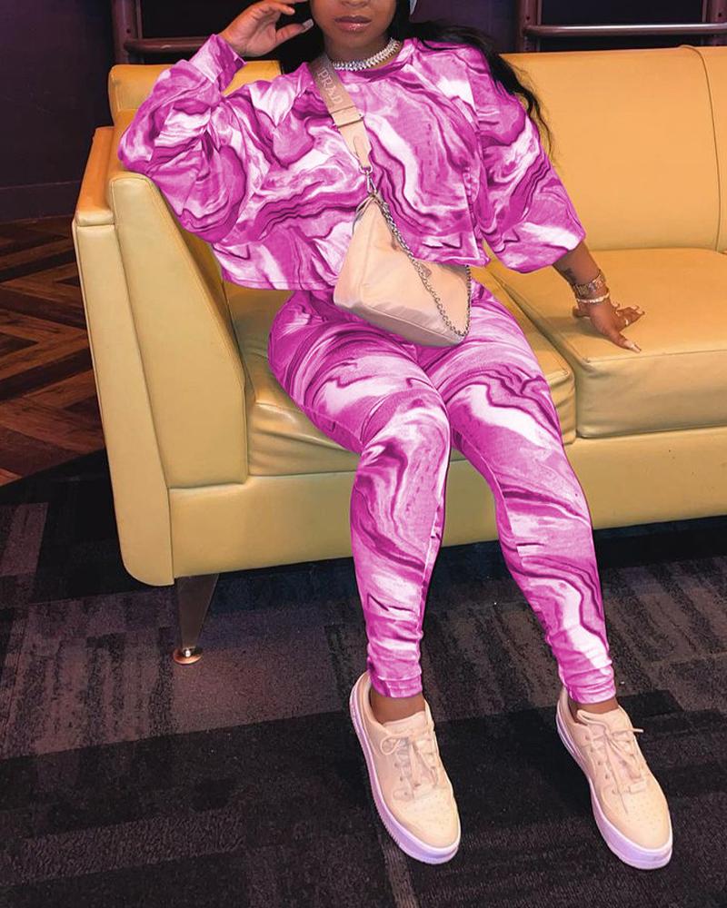 

Abstract Print Long Sleeve Top & Skinny Pants Set, Hot pink
