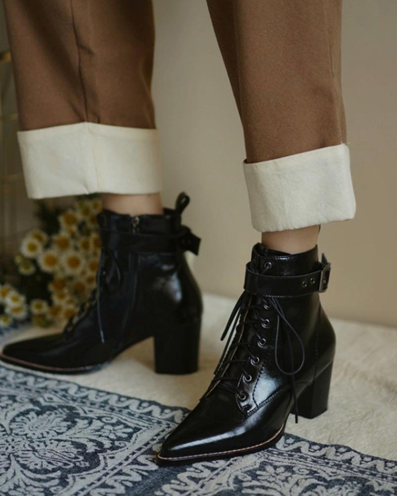 

Solid Pointed Toe Low Heel Biker Boots, Black