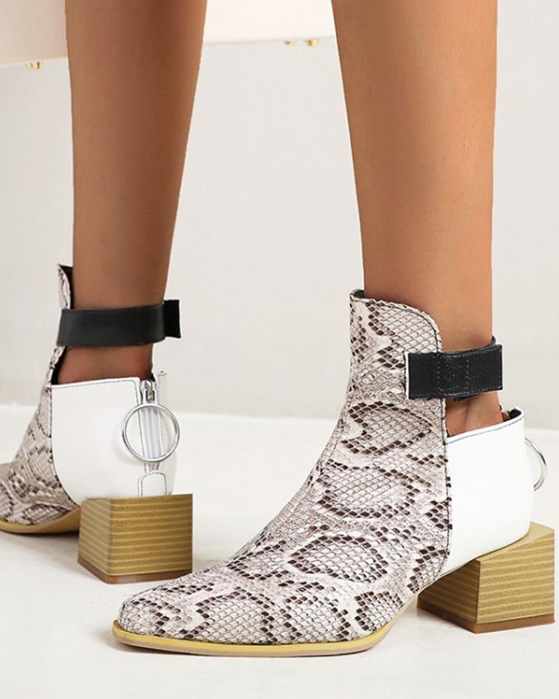 

Round-toe Snakeskin Print Hollow-out Ankle Boots, White