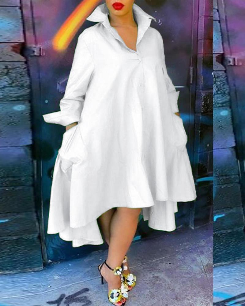 

Long Sleeve Asymmetrical Hem Shirt Dress, White