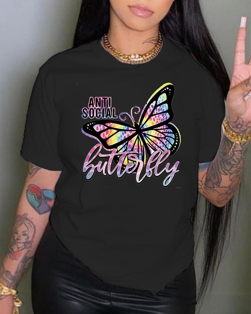 

Plus Size Butterfly Letter Print Casual T-shirt, Black