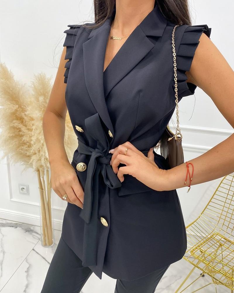 

Ruched Double Breasted Blazer Coat With Belt, Black