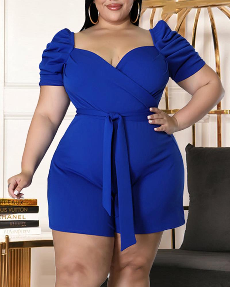 

Plus Size Puff Sleeve Belted Overlap Romper, Blue