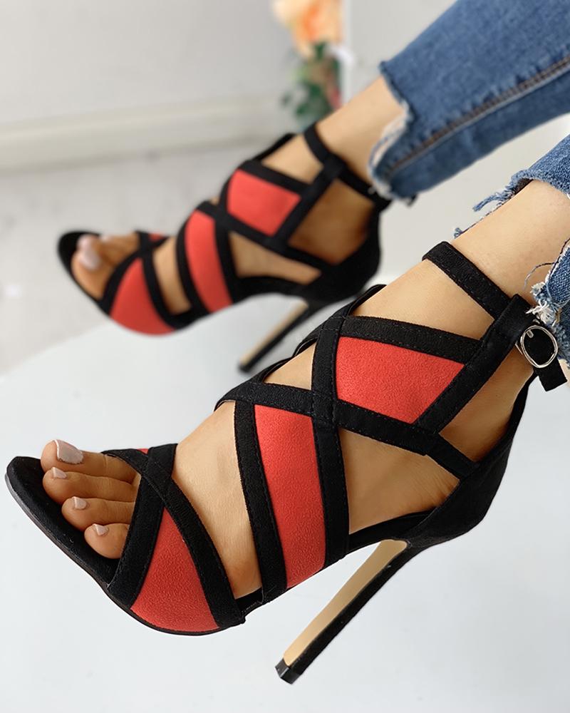 

Colorblock Cutout Buckled Suede Stiletto Heels, Red