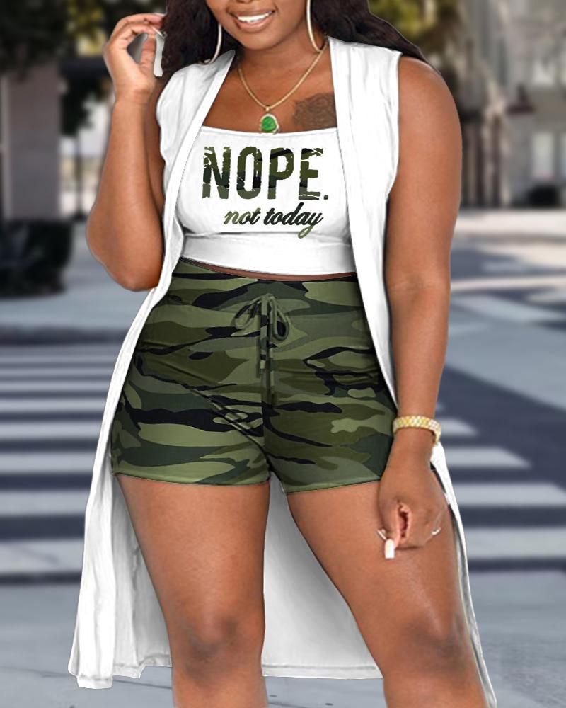 

Plus Size 3PCS Slogan Camo Print Ribbed Tank Top & Shorts Set With Vest Coat, Green