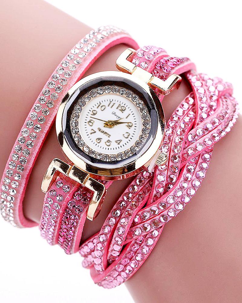 

Rhinestone Decor Twine Quartz Wrist Watch & Bracelet Set, Pink