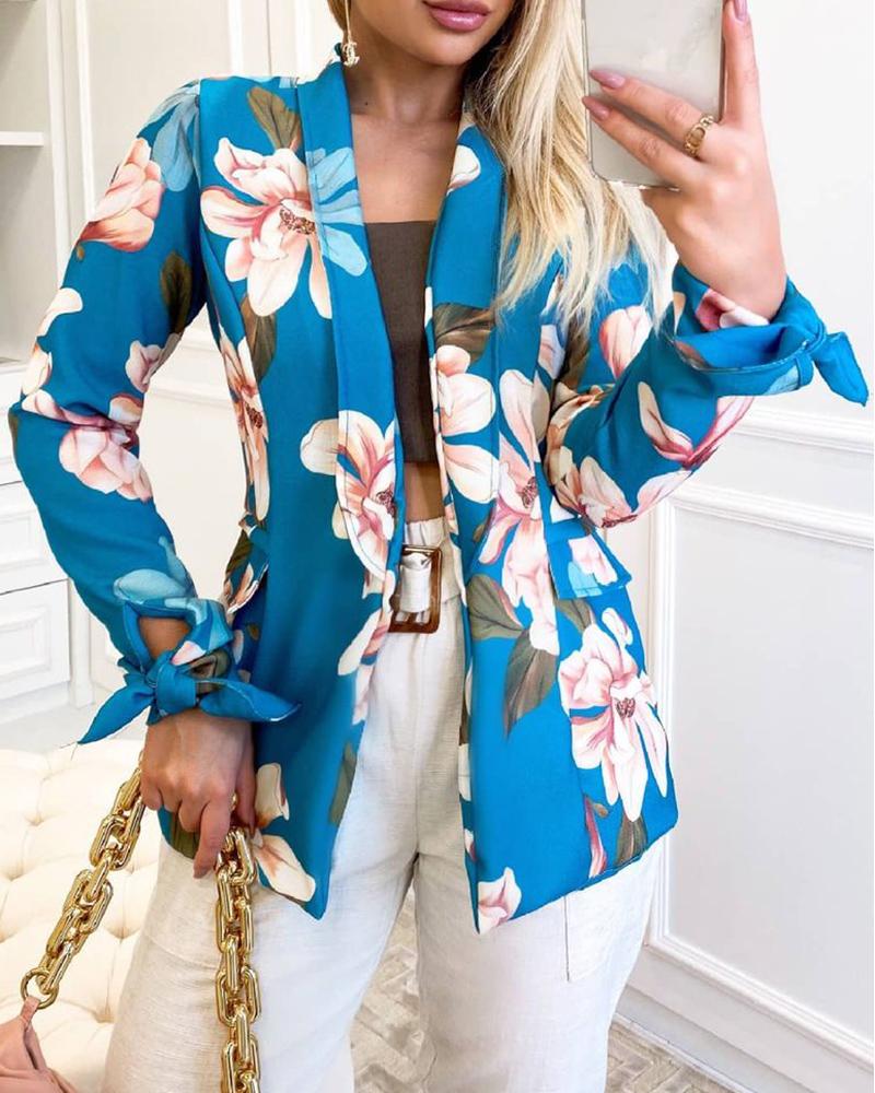 

Floral Print Tied Detail Pocket Decor Blazer Coat, Blue