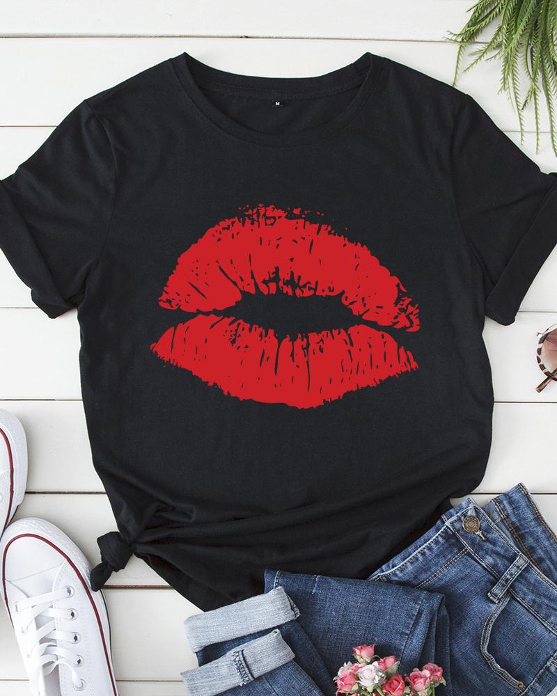 

Lip Print Short Sleeve Casual T-shirt, Black
